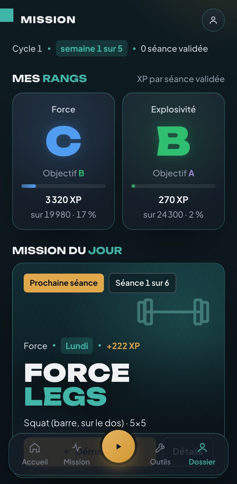 Écran Mission : rangs et objectif du rang suivant, mission du jour