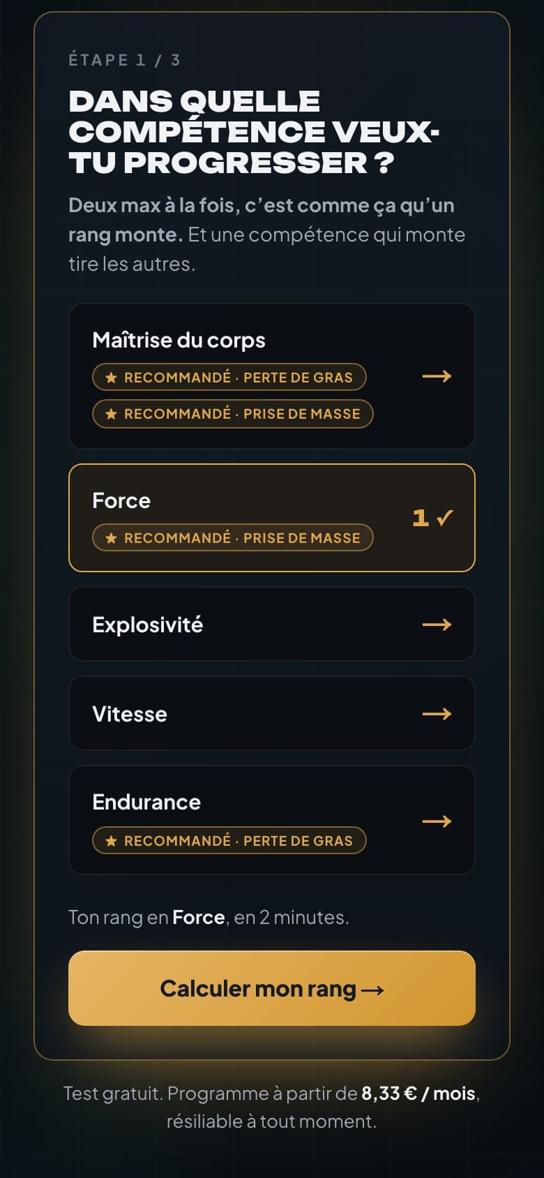 Écran de choix des compétences, Force sélectionnée
