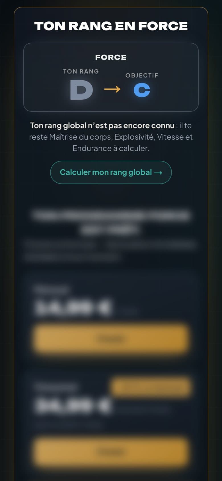 Écran de résultat : rang D en Force, objectif C